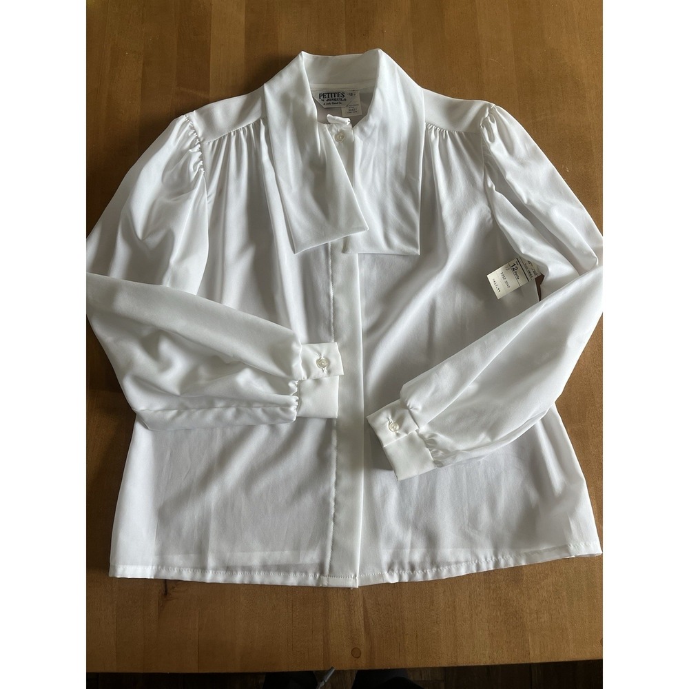 Vtg Jonquil by‎ Judy Bond Petites LS Button White Geek Secretary Bow 12P